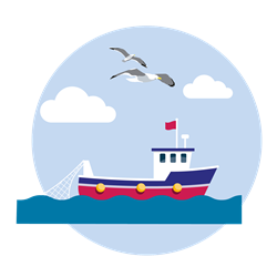 Fishing boat and seagulls flyign overhead illustration