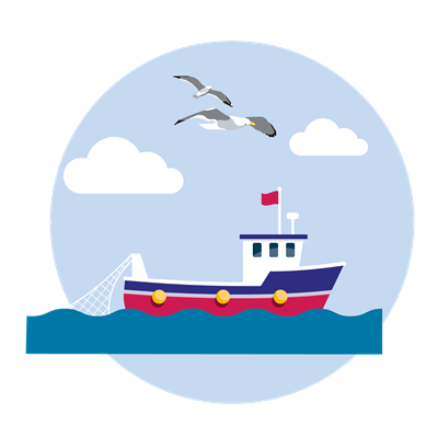 Fishing boat illustration with seabirds flying overhead