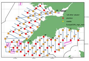 ‘PELTIC’ sampling grid around southwest England and Wales, comprising acoustic transects, plankton and CTD hauls, fish trawls and seabird/mammal observations