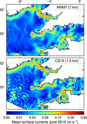The figure shows the effect of the change in resolution in the currents speed in the Celtic Sea domain (“CS15”)